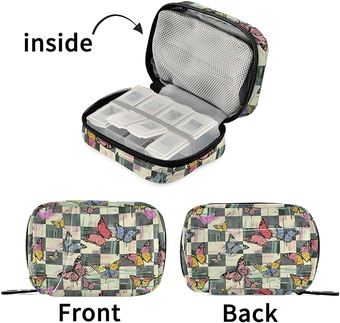 Fustylead Colorful Monarch Butterflies Print Over Checkers Background Travel Pill Case Bag with Zipper Weekly Pill Box 8 Compartments 7 Day Personal Pill Case Purse Medicine Case Organizer