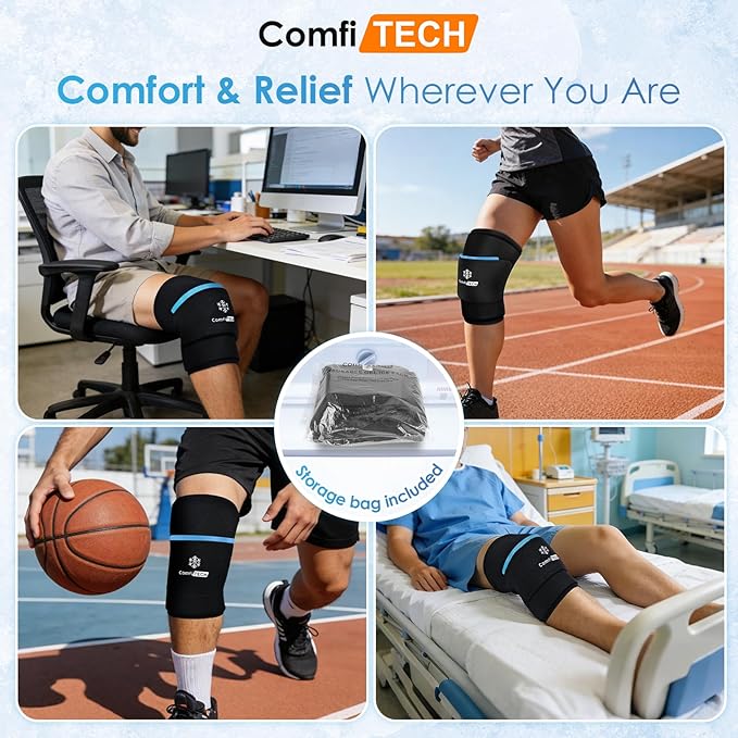 ComfiTECH Dual-Gel Pack Knee Ice Sleeve with Extended 30-Minute Cooling, Detachable Ice Pack & Flexible Reusable Gel Ice Wrap for Soothing Discomfort & Fatigue in Knee, Thigh and Calf, Large