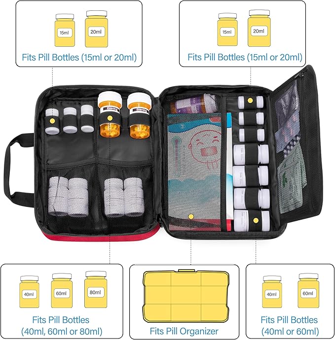 CURMIO Pill Bottle Organizer Portable Medicine Bag, Lockable Prescription Bottle Storage for Pill Bottles, Vitamins, Medical Supplements for Home Storage and Travel, Red (Empty Medicine Bag)