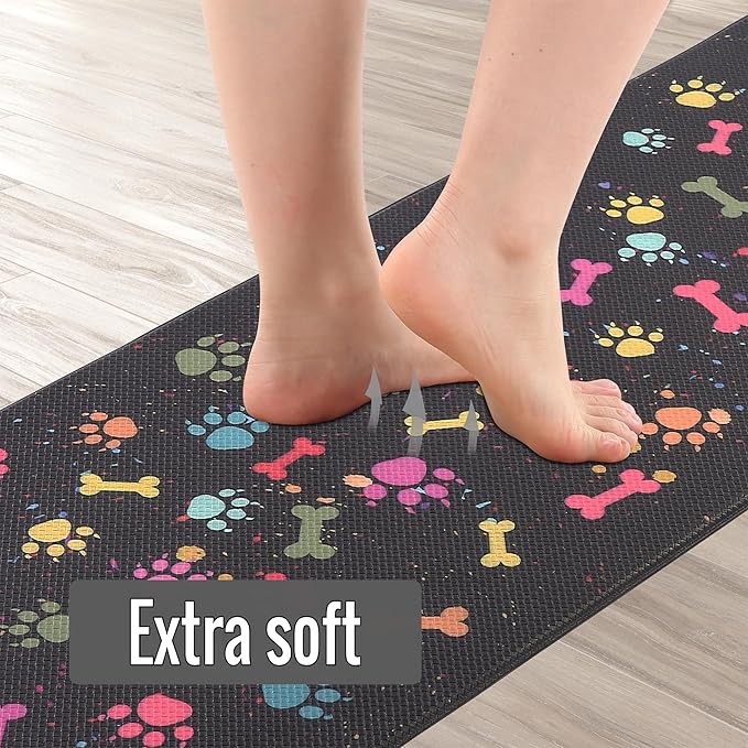 Farmhouse Kitchen Mats Cushioned Anti Fatigue Mats for Kitchen Floor Waterproof Kitchen Mats and Rugs Comfort Standing Mat for Kitchen, Laundry Room, Colorful Dog Paw and Bone(Black/Multicolor)