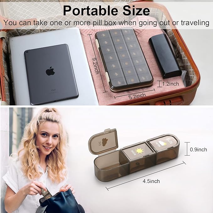 Pill Organizer 3 Times A Day, Pill Box 7 Day - Acedada Weekly Travel Medicine Organizer Box 3X A Day, Large Pill Container Holder Vitamins Case Pill Dispenser, Brown