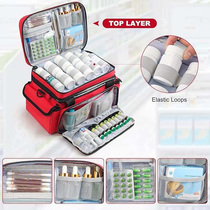 Medicine Organizer with Adjustable Divider, Double-Layer Medicine Bottle organizer Storage, Portable Home Health First Aid Bag, Medicine Organizer Box for Emergency Medications (Bag Only)