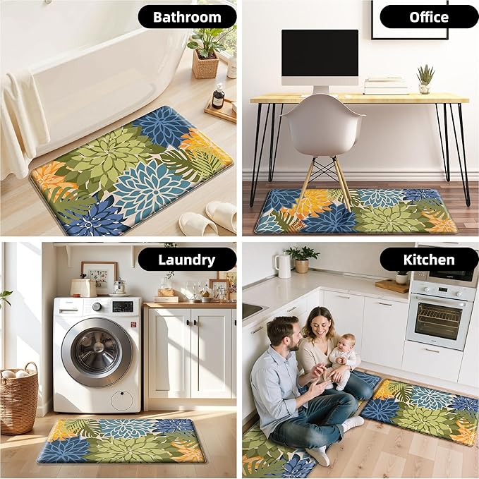 Kitchen Mats for Floor 2 Piece Cushioned Anti Fatigue Kitchen Mats Waterproof Non Slip Kitchen Mat Rug Set Comfort Foam Standing Mat for Sink, Laundry, Office, Yellow Green