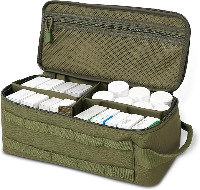 First Aid Bag Empty,Travel Bag Empty Pill Box Organizer, Portable Travel Pill Bottle Organizer for Home Outdoor Emergency Traveling(Military green,13.78 x 5.91 x 4.72 in)