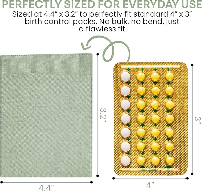 Peekaboo Pill Sleeve Cute Birth Control Case Soft Cotton Fabric Privacy Cover for Your Birth Control Pill Case Pouch for 4' x 3' Packets (Sage Green)