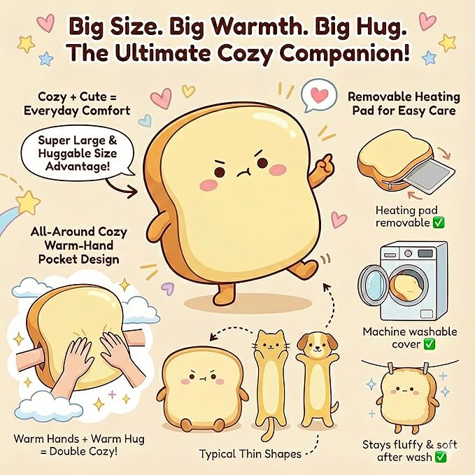 Cute Heating Pad for Period Cramps Menstrual Pain Relief, Soft Cuddly Large 14" Hot Plush Bread USB Electric Heat Pads, Back & Lumbar Pain Relief Stuffed Animals Funny Gifts for Women Teen Girls