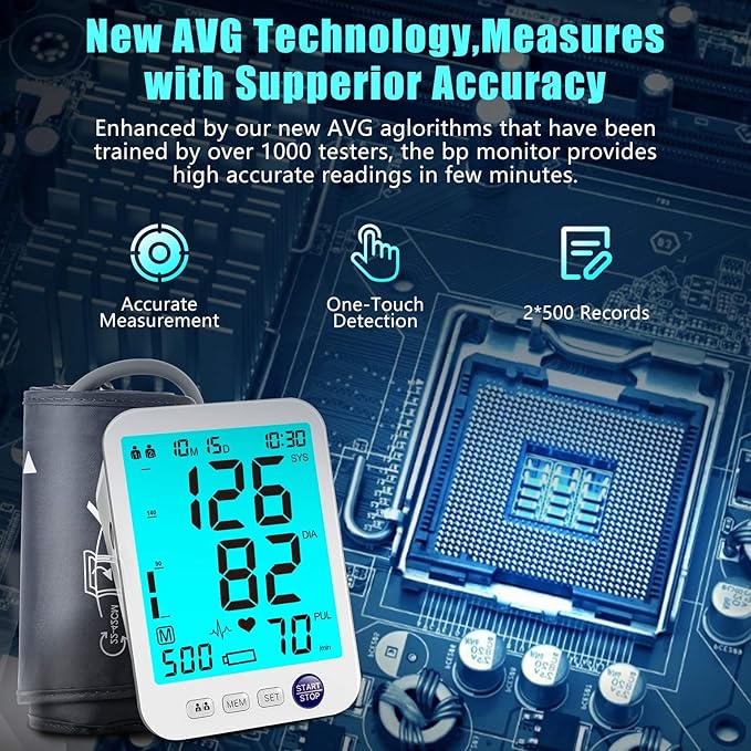 Blood Pressure Monitor-Automatic Blood Pressure Machine XL Cuff for Big Arms 13-21”-Medium/Large Cuff 9"-17" Extra Large Backlit LCD Two User 1000 Mem (Blue
