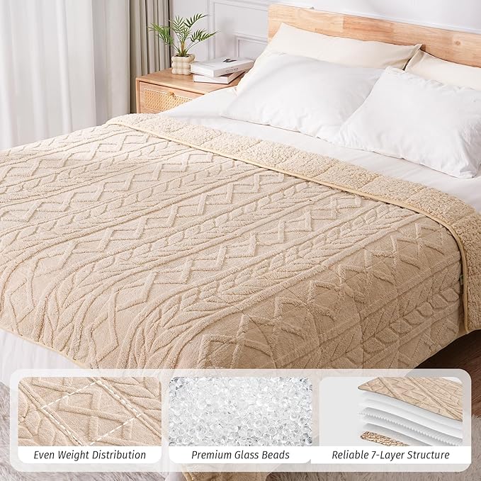 Wemore Jacquard Fleece Weighted Blanket Twin Size 48" x 72" 15lbs, Ultra Soft Cozy Sherpa Weighted Blankets for Adults, Ultra Fuzzy Heavy Blanket, Fluffy Warm Throw for Winter, Light Khaki
