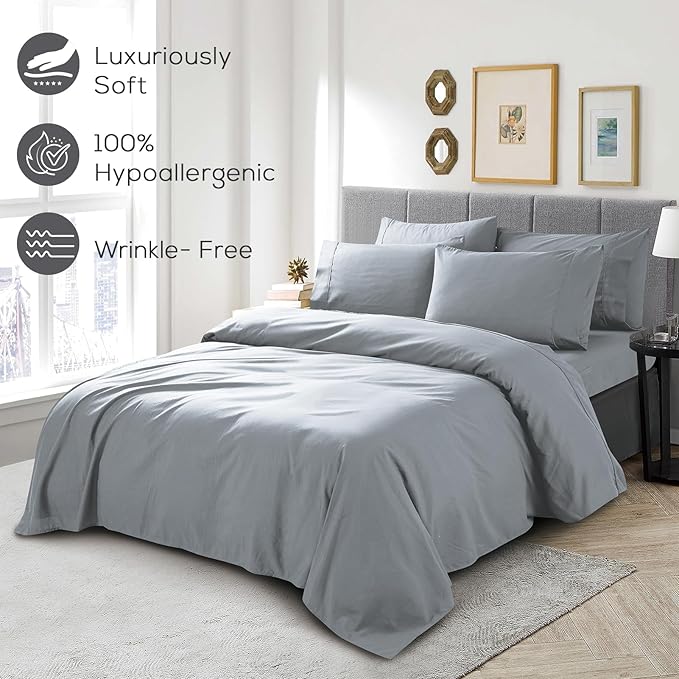Mueller Ultratemp Bed Sheets Set, Super Soft 1800, 6 Piece California King Sheet Sets, Deep Pocket up to 16", Transfers Heat, Breathes Better, Hypoallergenic, Wrinkle-Resistant, Oeko-TEX, Light Grey