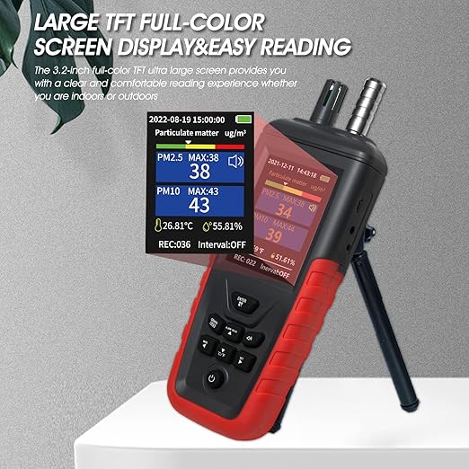 Air Quality Monitor Dust Particle Counter Indoor, Home Air Quality Sensitivity Test 6-Channel Pm0.3/0.5/1.0/2.5/5/10 Um Tester with Temperature/Humidity Monitor/USB Recharge Data Transfer/Storage