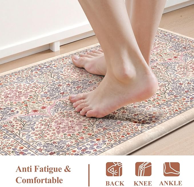 Collive Kitchen Mats for Floor 2PCS, Cushioned Anti Fatigue Mat Waterproof Kitchens Sink Rug Non Slip, Pink/Blue Floral Rugs Comfort Standing Mat for Laundry, Desk, Bar, Office