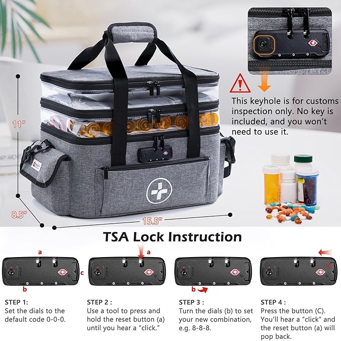 BAGSFY 3-Tier Medicine Organizer with Combination Lock – Large Medicine Bag, Empty First Aid Kit Case, Pill Bottle Medical Supply Organizer, Travel Prescription Bag, Medication Storage Container