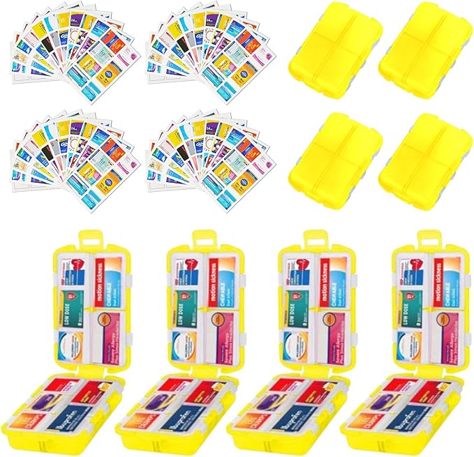 4PCS 7-Day Pill Organizer with Labels – Compact Daily Medication Case | Travel-Sized (3.7" x 2.4") Secure Lock | AM/PM Compartments | Includes 300+ Common Medicines Vitamins Health Product Sticker