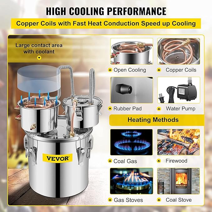 VEVOR Alcohol Still 8GAL/30L, Alcohol Distiller with Thumper Keg, Distillery Kit for Alcohol with Copper Tube & Build-in Thermometer & Water Pump