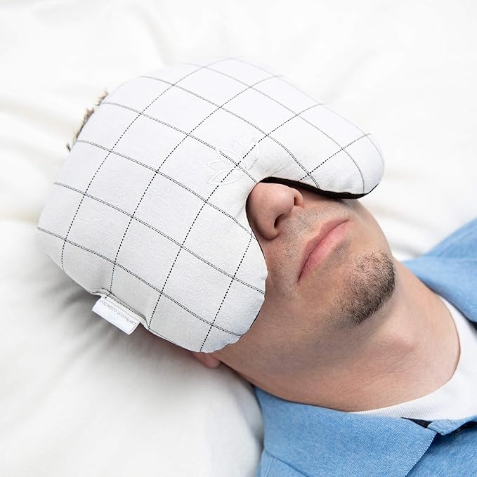 Migraine Relief Eye Pillow Masks with Bonus Washable Cover: Flaxseed Filled for Hot and Cold Pain Relief Therapy (Adult, White and Black, Blue and Ivory Stripe)