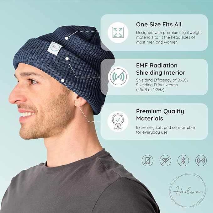 Halsa EMF Protection Hat, Knit Beanie for Men and Women, Silver Fiber Fabric Lined, One Size Fits Most