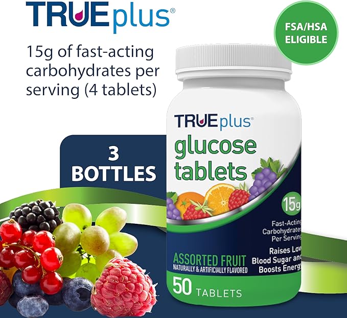 TRUEplus Glucose Tablets, Chewable, Grape, Raspberry, Orange Flavors, 15g Fast-Acting Carbohydrates, Fat Free, Gluten Free, Raise Low Blood Sugar and Boost Energy, 50 Count