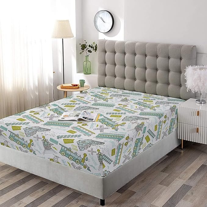 Decorative Fitted Sheet Set King Size, Steam Engine Deep Pockets Fitted Sheet & 2 Pillow Sham Set, Choo Train Kids Boy Pattern Vintage Printed Microfiber Bedding 3pc Set, for Mattress (Deep: 5"-15")