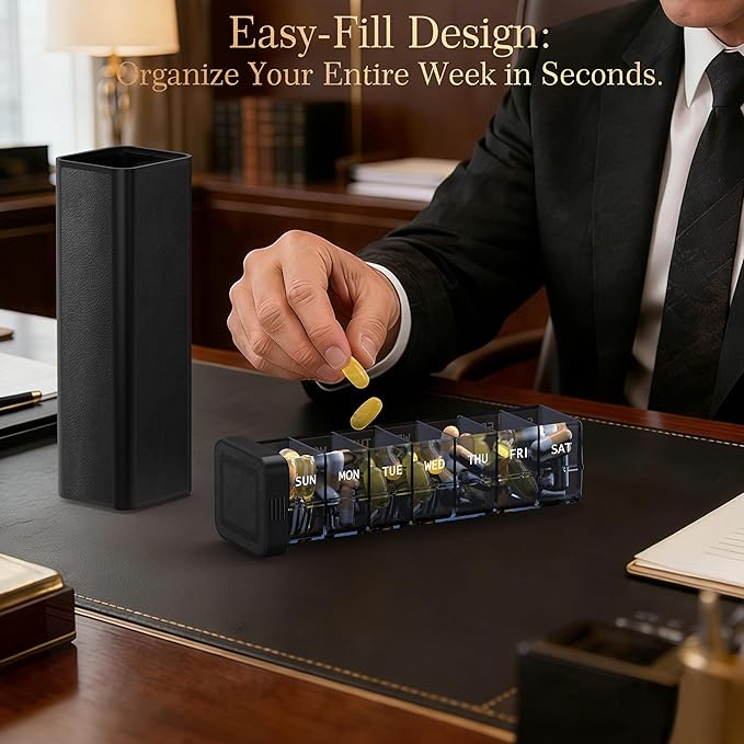 Weekly Pill Organizer 7 Day, Discreet Leather Pill Case for Purse or Pocket, Easy Slide-Out Daily Medication Planner, 1 Time a Day Travel Vitamin and Supplement Holder (Light Black)