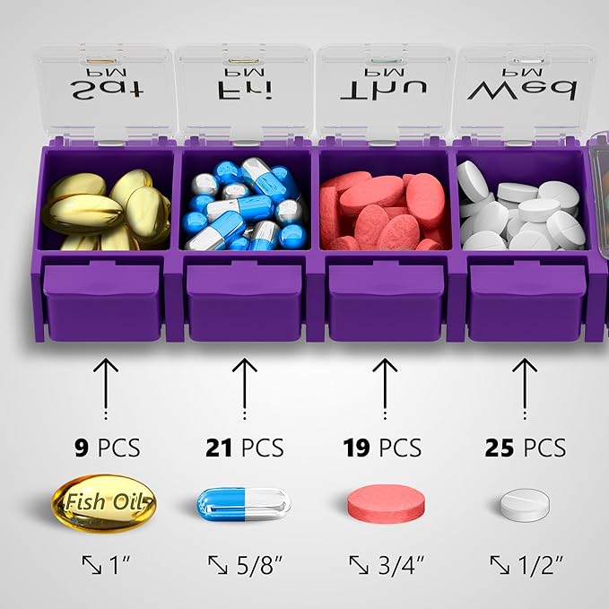 Pill Organizer 2 Times a Day - Weekly Medicine Organizer - Vitamin Holder - Big Pill Container Box - Easy Open Large Medication Dispenser Case - Detachable 7 Day AM PM - 14 Compartments