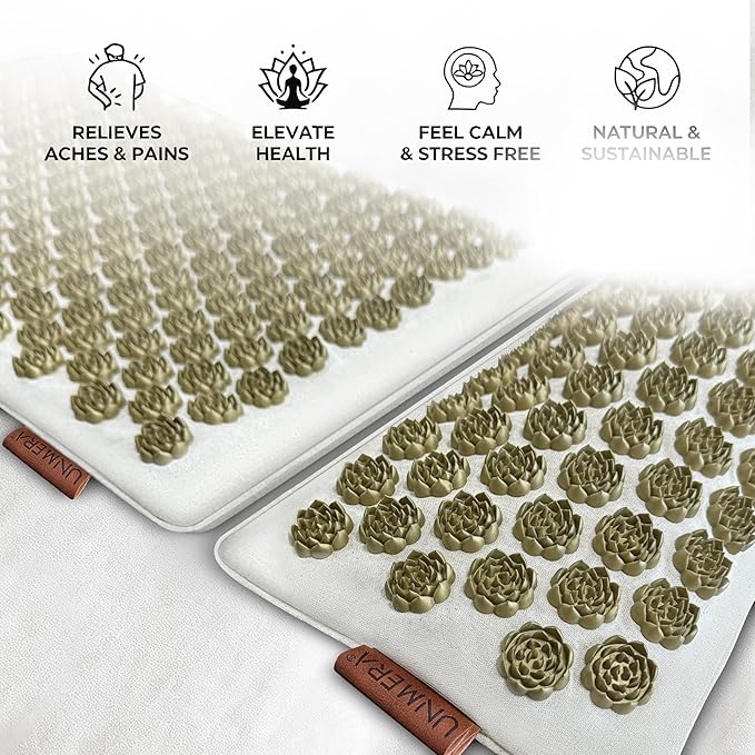 UNMERA Acupressure Mat and Pillow Set/Flower Spikes-Volcanic Stone Heating Back/Neck Pain Relief,Spa-Like Relaxation, Premium Linen & Coconut Fiber Filling, Includes Bag