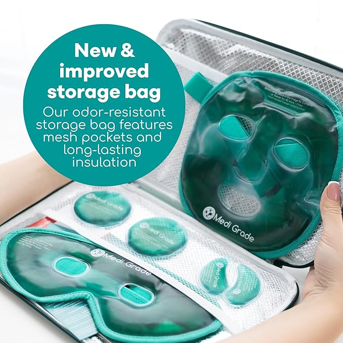 Medi Grade Cooling Ice Face Mask and Cooling Eye Mask for Puffy Eyes & Migraine Relief - Self Care Face Ice Pack with ChillGel Face Ice Mask Technology - Cooling Face Mask, Eye Pads and Bag