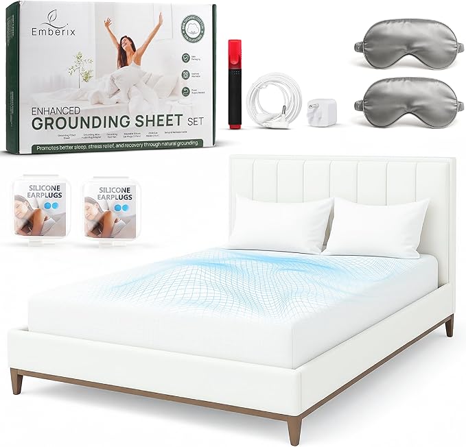 Emberix Grounding Sheets King Size, 12% Pure Silver Fiber Earthing Bed Sheet, 88% Cotton Soft & Breathable, Grounded Sheets Deep Pocket 15" with Eye Masks & Ear Plugs for Rest & Wellness (White)