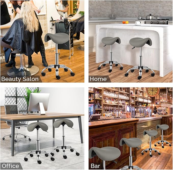 OmySalon Adjustable Saddle Stool with Footrest, Hydraulic Rolling Salon Chair, 360° Swivel Wheels Ergonomic Stool for Hair Stylists, Tattoo Artists, Office, Spa, Massage, Dental (Grey)