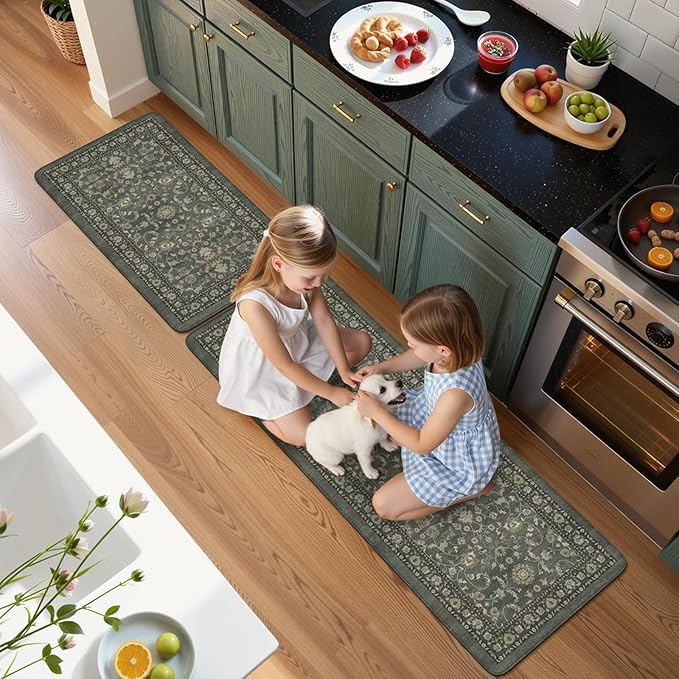 KIMODE Comfort Kitchen Mats for Floor Cushioned Anti Fatigue,Boho Vintage Kitchen Rugs Sets of 2 Non Slip,Memory Foam Kitchen Floor Mat Carpet for Laundry Office Home Decor,Dark Green