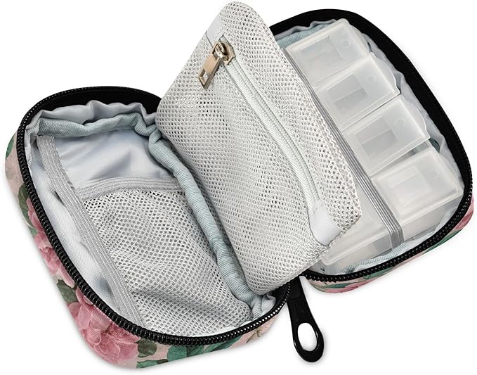 Pink Vintage Roses with Leaves Travel Pill Organizer Case Box Container Weekly Portable Vitamin Medicine Holder Storage Bag with Zipper Removable
