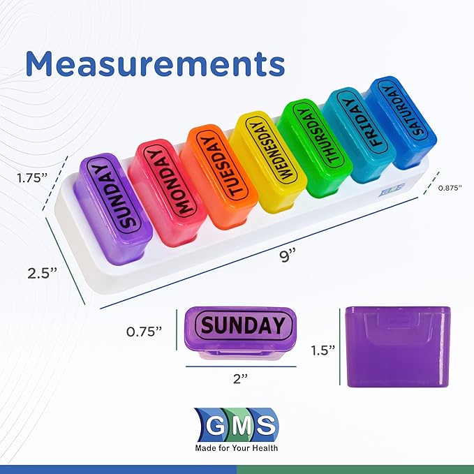 GMS Weekly Pill Organizer - 7 Day Pop Out Pill Pods for Supplements, Vitamins & Medications - Ideal for Daily Use & Travel - Rainbow