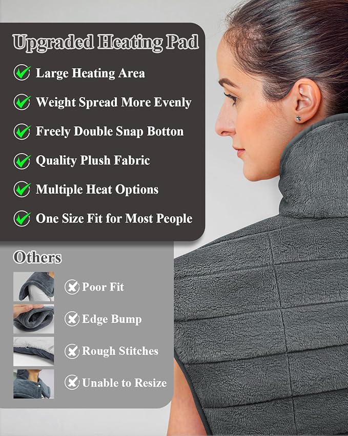 Heating Pad for Neck and Shoulders and Back, 24"x23" XL Large Electric Heated Wrap for Daily Relaxation, Gifts for Women Men, 2lb Weighted, 6 Heat Settings, 4 Timers, Silver Grey