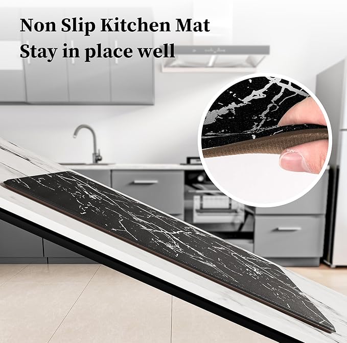 Silver Foil Stamped Marble Kitchen Mats for Floor 2PCS Cushioned Anti Fatigue Non Slip Waterproof Comfort Leather Kitchen Rugs 2/5 Inch PVC Kitchen Mats for Sink, Laundry, 17.3"x28"+17.3"x47", Black