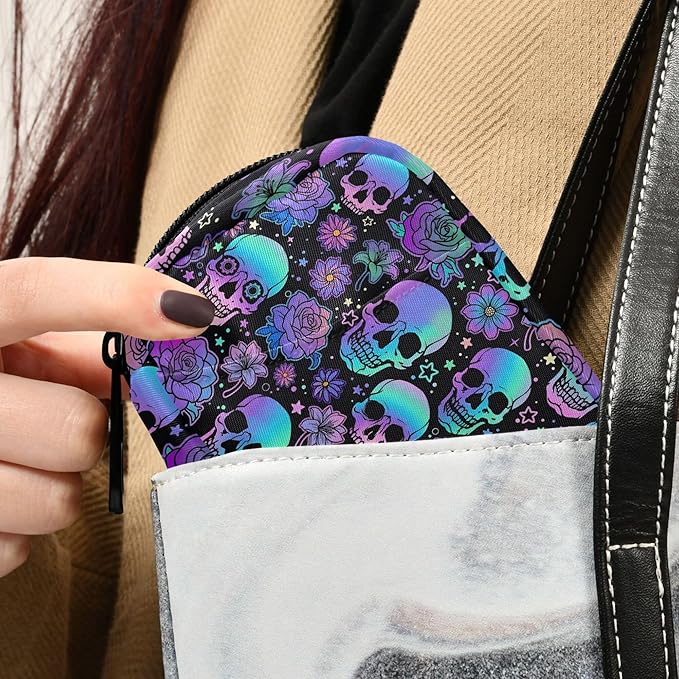 Travel Pill Organizer Bag Weekly Pill Organizer Case Goth Skulls Flowers Portable Small Daily Pill Boxes for Vitamin Fish Oils Supplement Holder with Zipper Compact Size