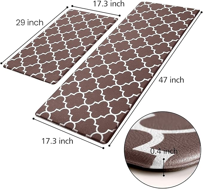 KMAT Kitchen Mat [2 PCS] Cushioned Anti-Fatigue Kitchen Mats and Rugs, Waterproof Non-Slip Kitchen Rug Heavy Duty PVC Ergonomic Comfort Standing Foam Mat for Floor Home, Sink, Laundry,Brown