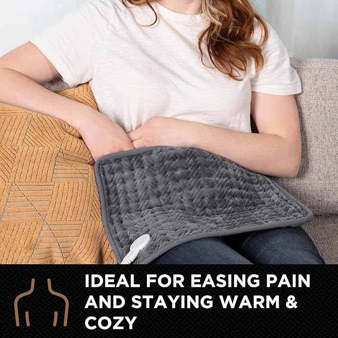 Brookstone Herringbone Portable Heating Pad - Super Soft Plush, 6 Heat Settings, Machine Washable, Easy-to-Use Controller, 16'' x 12'' for Pain Relief, Period Cramps, Warmth (Gray)