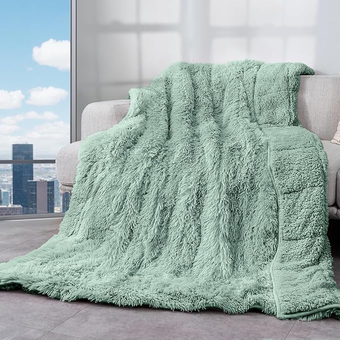 Cottonblue Adults Weighted Blanket 15lbs 60x80 inches for Queen Bed, Faux Fur Sherpa Weighted Blanket for Sofa Couch Bed, Plush Cozy Bed Blanket with Glass Beads for Calm and Relax,Sage Green