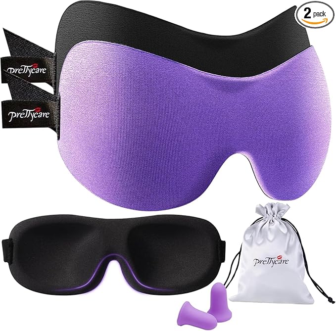 PrettyCare 3D Sleep Mask 2 Pack, Eye Mask for Side Sleeper - 3D Contoured Sleeping Mask Block Out Light for Men Women- No Eye Pressuer Night Masks with Ear Plugs & Travel Bag (Black＆Purple)