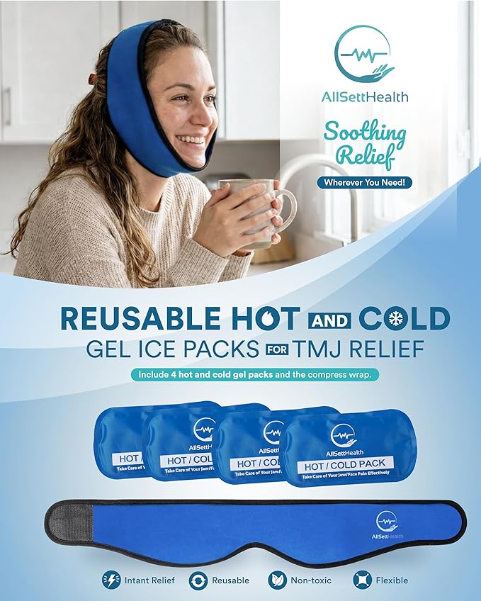 Face Ice Pack Wrap for TMJ Relief, Wisdom Teeth, Jaw, Head and Chin, 4 Reusable Hot and Cold Gel Packs, Pain Relief for Mouth, Oral and Facial Surgery