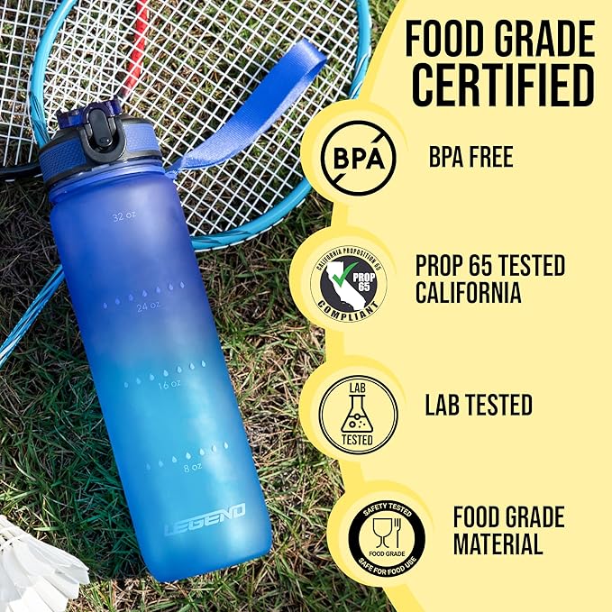 Legend 32 oz BPA-Free Sports Water Bottle with Time Tracker - Leak Proof, Motivational, Modern Design for Gym, Office, Travel