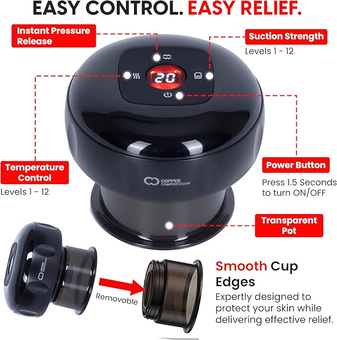 CopperRed™ by Copper Compression Cupping Massager. Red Light Therapy + Heat + Suction for Muscle Comfort, Joint Support, Circulation, Wellness, Pain & Relief. Multifunction, Adjustable & Rechargeable
