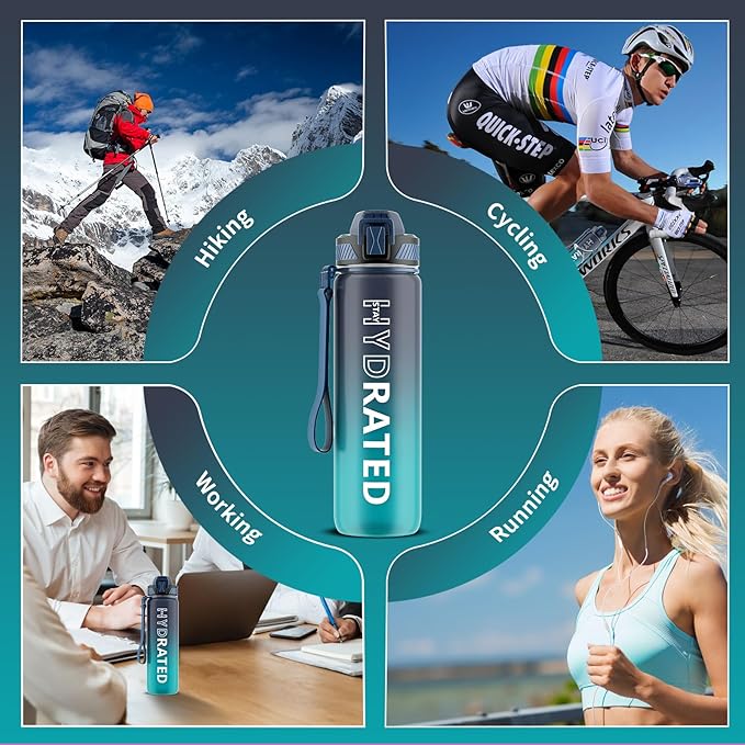 Water Bottle with Straw, 32oz Motivational Water Bottles with Time Marker to Drink, Tritan BPA Free, 1L Sports Water Bottle with Carry Strap LeakProof for Women Gym Fitness Outdoor (1 Pack)