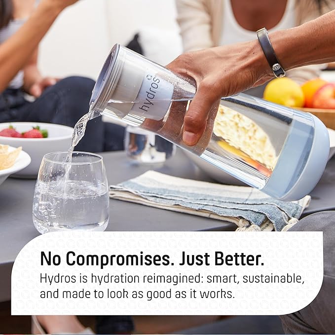 Hydros Water Filter Pitcher, 40 oz Slim Design, Patented Fast Flo Tech, Dishwasher Safe, Fills in Just 40 Seconds, BPA Free, 5 Cup Capacity, White