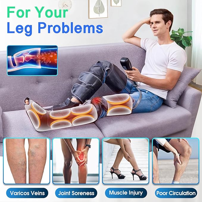 SLOTHMORE Leg Massager for Circulation and Pain Relief, Air Compression Foot Massage with 3 Heat Levels 4 Modes, 4-in-1 Foot Calf Knee & Thigh, Knee Heating Therapy, Gift for Mom Dad