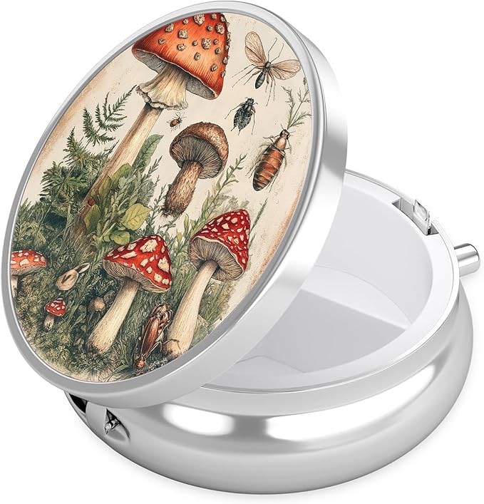 Vintage Mushroom Pill Case, Pill Box 3 Compartments Metal Small Pill Holder with Mirror Mini Travel Pill Container for Purse Pocket Women Men