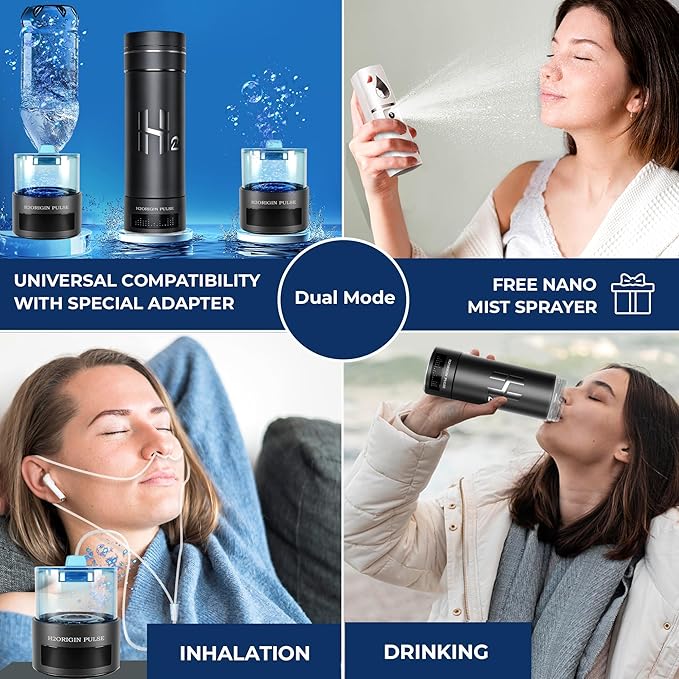 Hydrogen Water Bottle Generator, Up to 9000 PPB Hydrogen Bottle Water Ionizer with SPE/PEM Technology, 3-in-1 Portable Universal Adapter and Refreshing Mist Spray