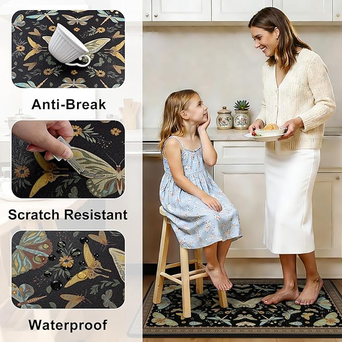 Yinhua Kitchen Rugs Sets of 2, Black Insect Kitchen Rugs Non Slip Washable, Farmhouse Anti Fatigue Mats for Kitchen Floor, PVC Waterproof Rug for Spring Summer, 18"x30"+18"x48"