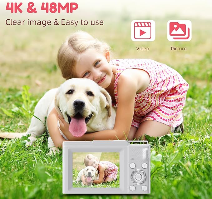 Digital Camera, FHD 4K Digital Point and Shoot Camera with 16X Zoom Anti Shake, 48MP Compact Small Camera with 32GB Card for Boys Girls Kids