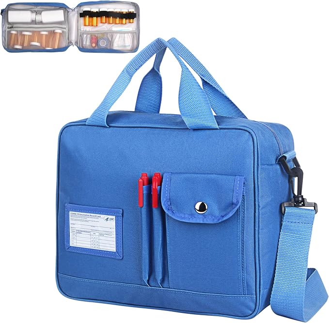 Medicine Bottle Organizer Bag, Large Travel Pill Case Box and Storage, Lockable Vitamins Carrier for Drug, Fish Oil, Medical Supplies (Blue)
