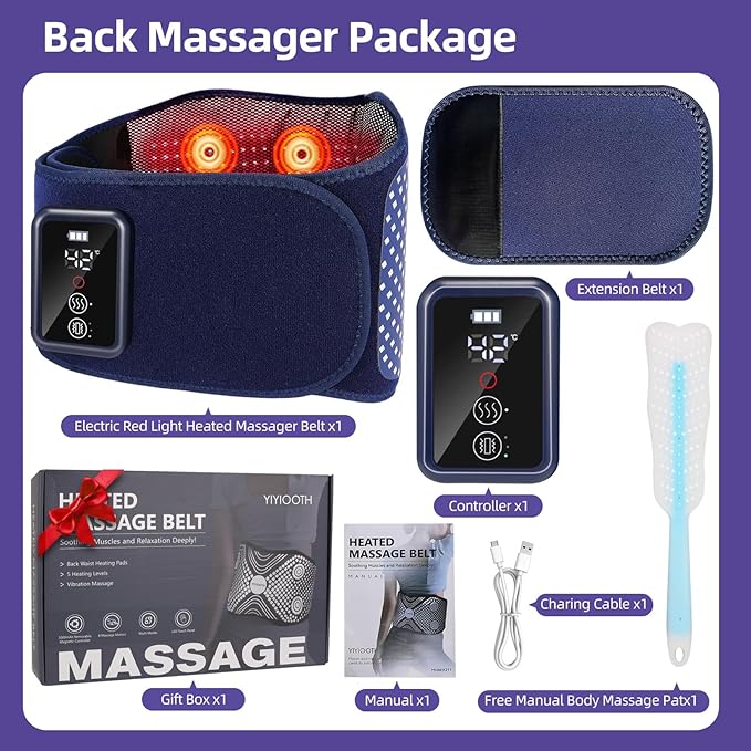 Back Massager Belt Cordless, FSA-HSA Eligible Upgraded Red Light Heating Pad for Low Back, 3 Vibration Electric Massager, 5 Heat, Mother Gifts for Women, Girls, Men, Lover